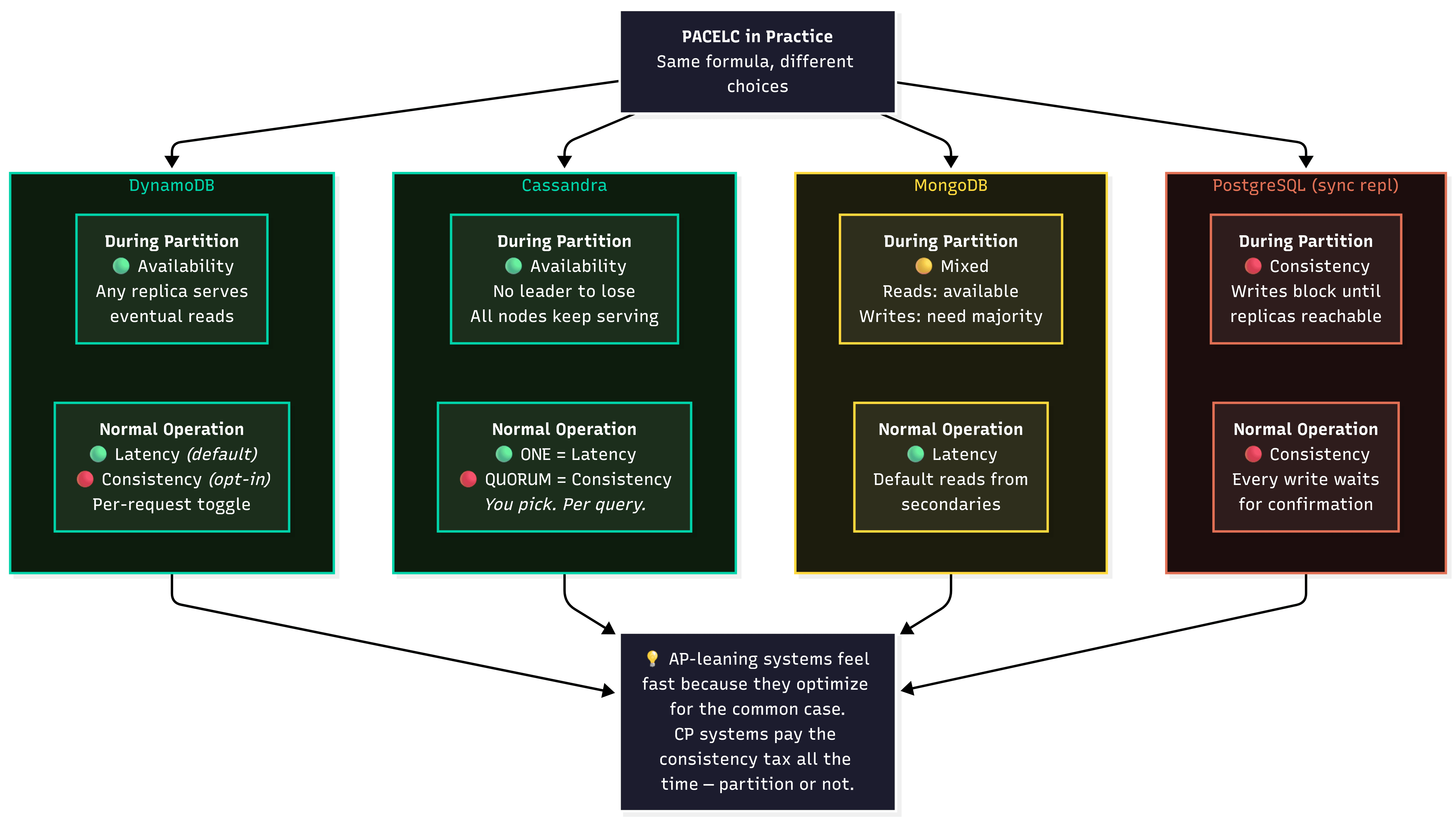 PACELC comparison of DynamoDB, Cassandra, Spanner, and PostgreSQL, showing each system's partition trade-off and its normal-operation latency-versus-consistency trade-off.