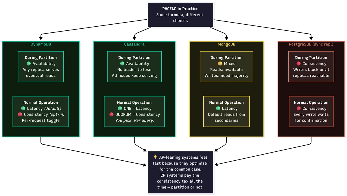 PACELC comparison of DynamoDB, Cassandra, Spanner, and PostgreSQL, showing each system's partition trade-off and its normal-operation latency-versus-consistency trade-off.
