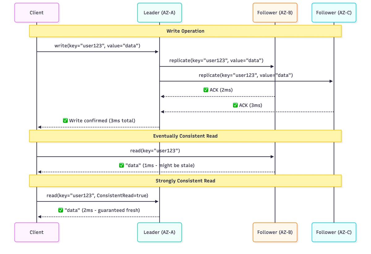 DynamoDB achieves availability through AWS infrastructure speed, not by avoiding coordination. Writes still require 2/3 quorum, but cross-AZ replication completes in milliseconds. The AP trade-off becomes clear with reads: eventually consistent reads are fast but risky, strongly consistent reads sacrifice speed for guaranteed accuracy.