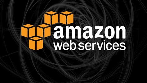 Amazon Web Services logo against a dark abstract background.