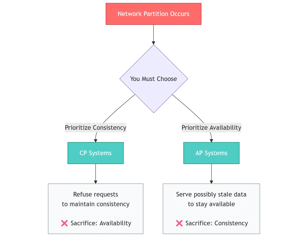 During a network partition, a system must either prioritize consistency and refuse requests or prioritize availability and serve potentially stale data.