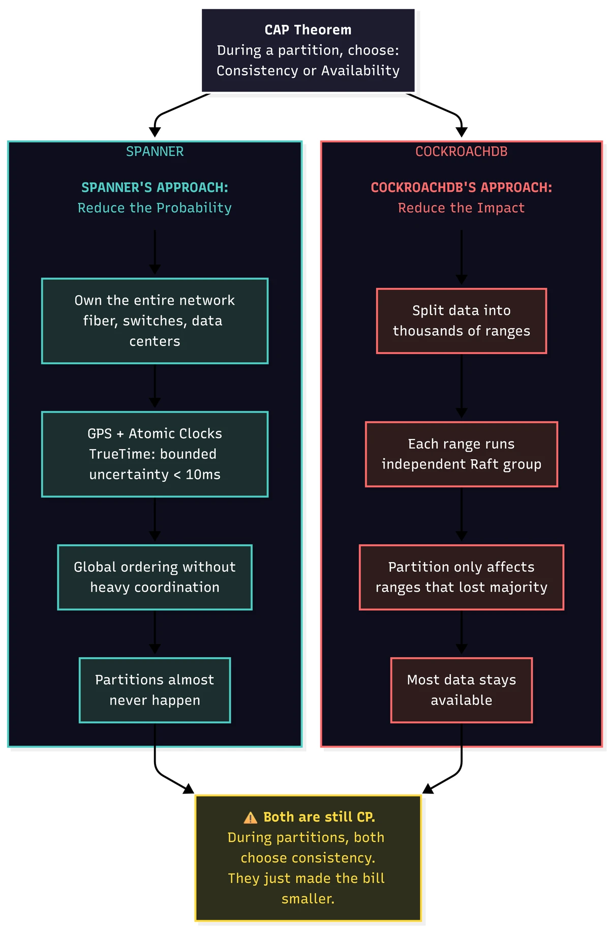 Google Spanner reduces partition probability through tightly controlled infrastructure, while CockroachDB limits partition impact by dividing data into independently replicated ranges.