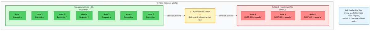 A ten-node cluster split by a network partition. Six connected nodes and four isolated nodes must all continue answering requests for the system to meet CAP's definition of availability.