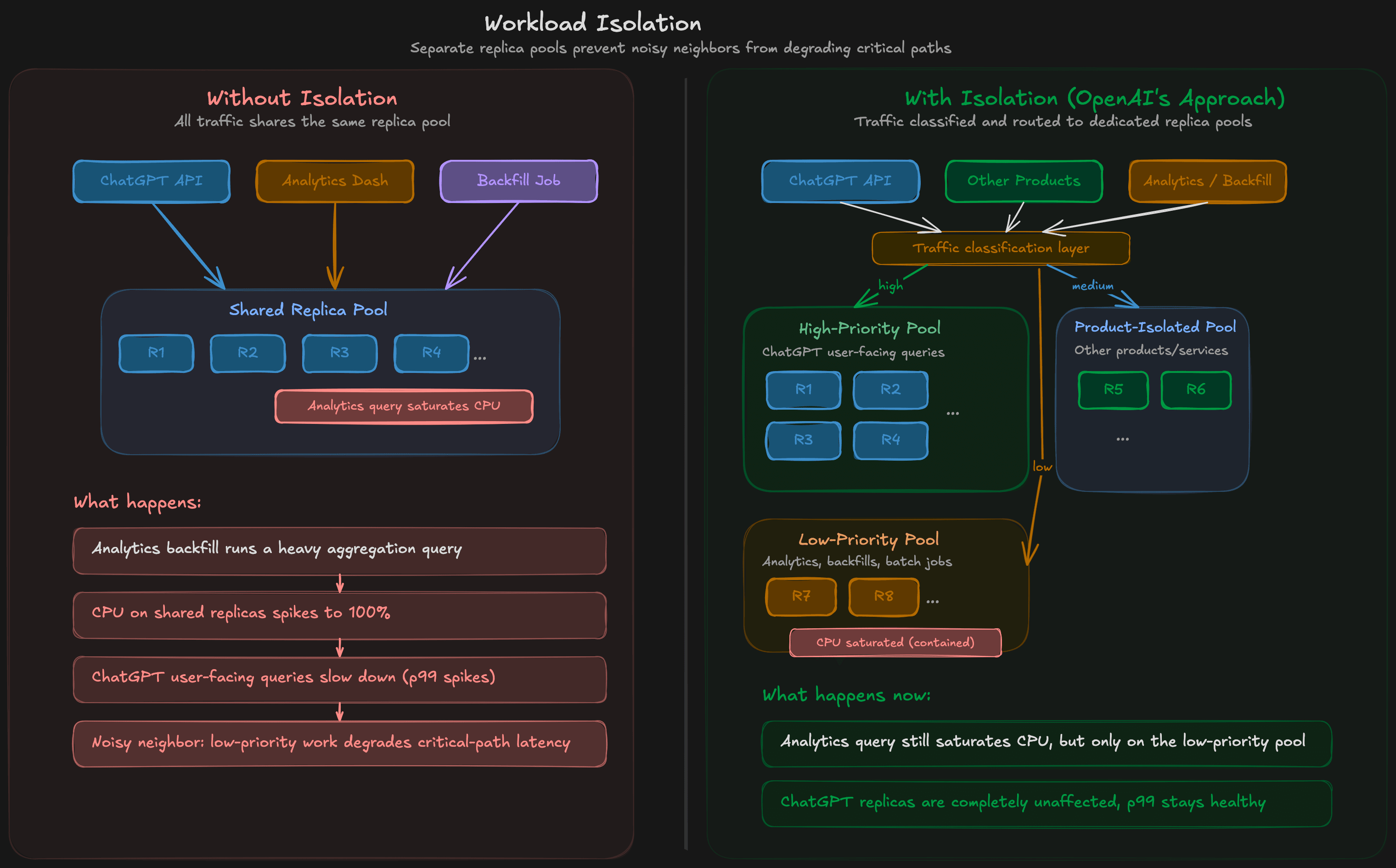 Workload isolation via dedicated replica pools. Without isolation (left), all traffic shares the same replicas, and a heavy analytics query saturating CPU degrades ChatGPT's user-facing latency. With isolation (right), traffic is classified and routed to separate pools: high-priority for user-facing queries, product-isolated for other services, and low-priority for analytics and backfills. A CPU spike in the low-priority pool stays contained and never touches the critical path.